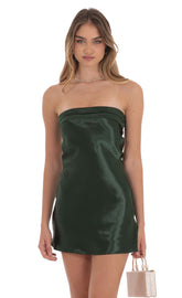 Satin Strapless Slip Dress in Dark Green